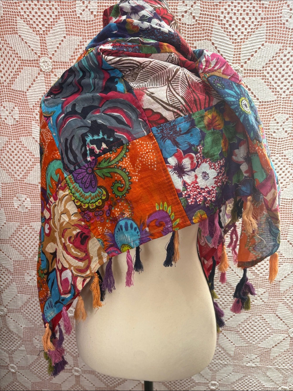 Multicolor Floral Patchwork Fringe Wrap Scarf - Picture 6 of 12